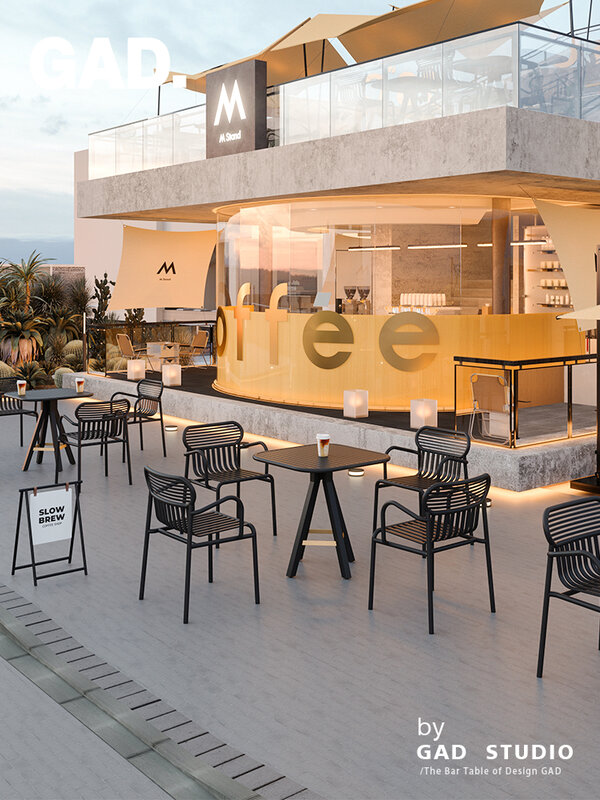 Bar caffetteria, tavoli e sedie da esterno, combinazione di bar trasparente, ristorante barbecue, terrazza, cortile