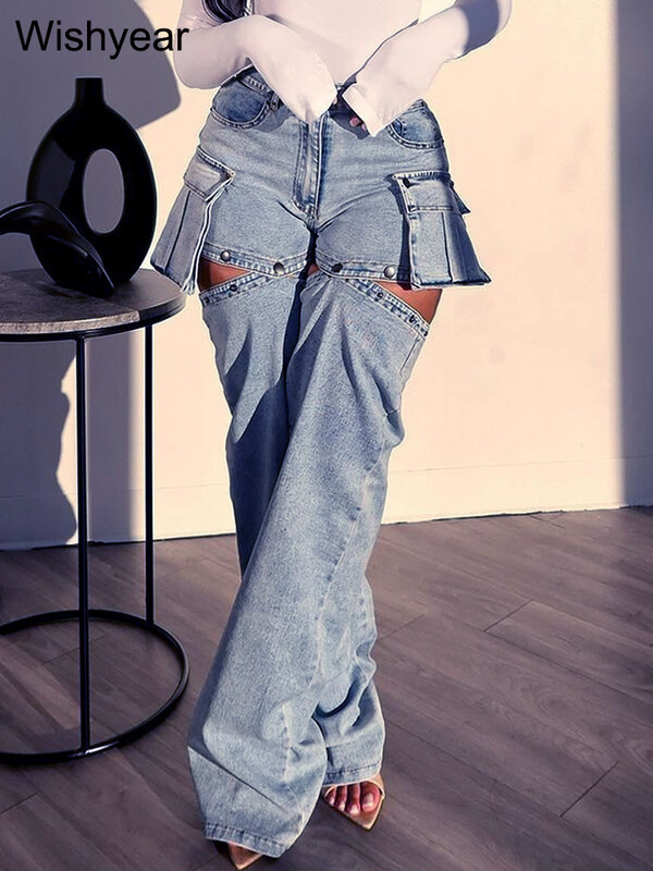 Jeans taille haute avec poches 3D pour femme, pantalon cargo en denim, bouton, braguette, droit, décontracté, manches fjachables, short, créateur de mode