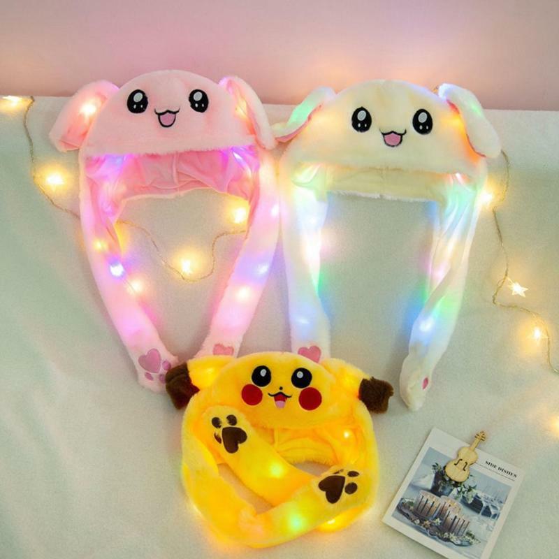 Bunny Ear Move Glowing Hat Pikachu Anime Rabbit Led Light Jumping Funny Plush Ear Moving Cartoon Hat for Kids Cosplay Party Cap