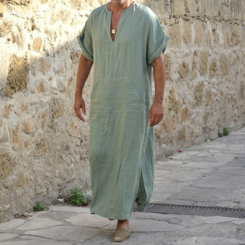 2024 Arab Men's Short Sleeve Kaftan Thobe Side Split Caftan with Pockets Long Gown Muslim Thobe  Islamic Clothing
