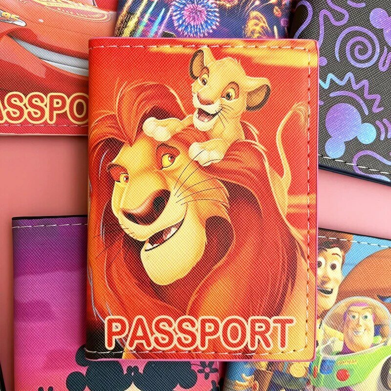 Disney King Lion Passport Cover Toys Cars Travel Passport Holder For Women Leather Function Business Card Case ID Card Holder