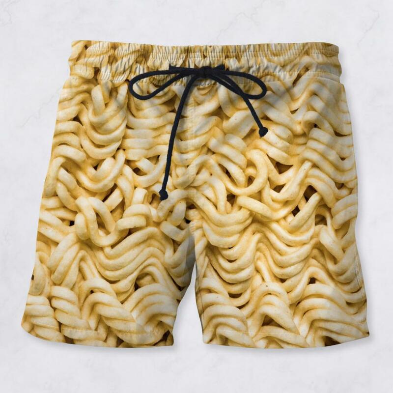Elastic Waist Drawstring Shorts High-quality Men's Summer Beach Shorts with Elastic Waist Food Print Design for Leisure