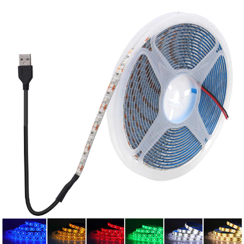 Flexível USB LED Strip Light, TV Lamp Tape, Backlighting Quarto, Gabinete, Decoração da cozinha, Vermelho, Azul, Quente, Branco, Azul, 2835, 5V, 60LEDs por m
