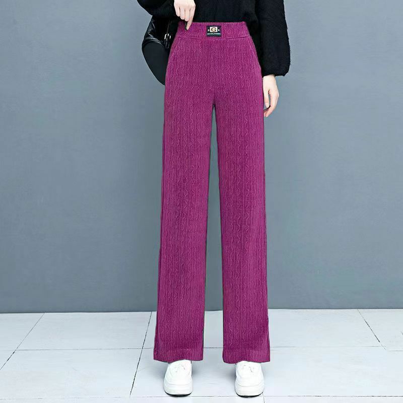 Winter Korean Fashion Velvet Thicken Warm Straight Wide Leg Femme Trousers Women's Casual Solid Loose Appliques Streetwear Pants
