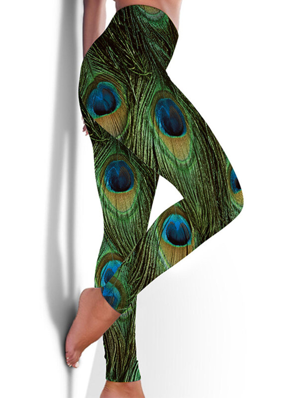 Leggings stampati con piume verdi pantaloni da palestra da donna a vita alta controllo della pancia Push Up collant da Yoga Leggins sportivi elastici Spandex