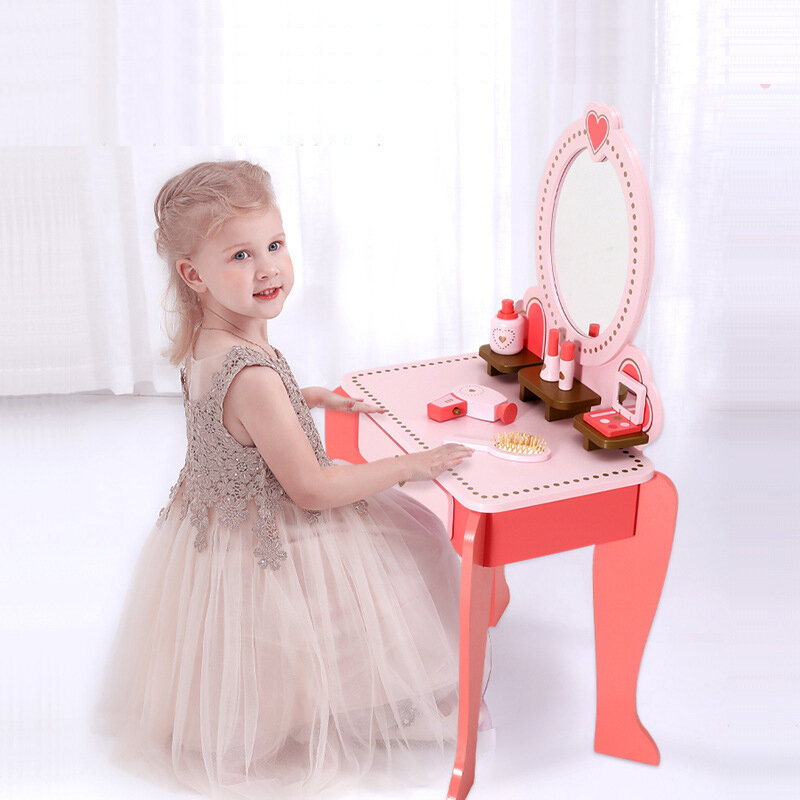 Onshine Wooden Princess Dresser Table Sets Vanity Stool Children Simulation Makeup Toys Baby Role Playing Beauty Girls Gifts 3Y+