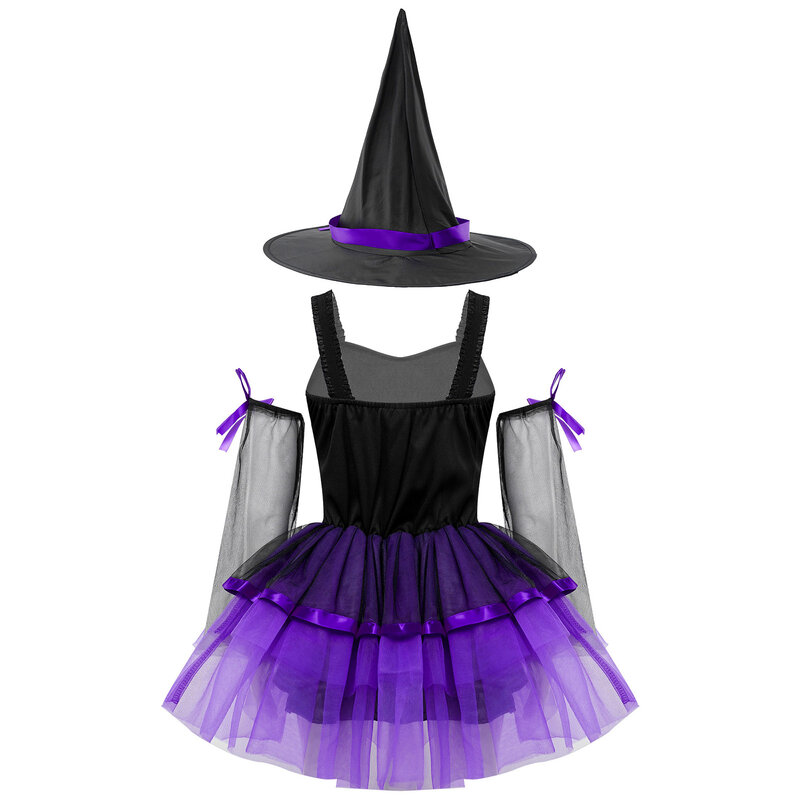 Vestido de Cosplay de bruja para fiesta temática de Halloween para niñas de 2 a 5 años, con sombrero puntiagudo, guantes para mascarada, disfraz de hechicera para carnaval