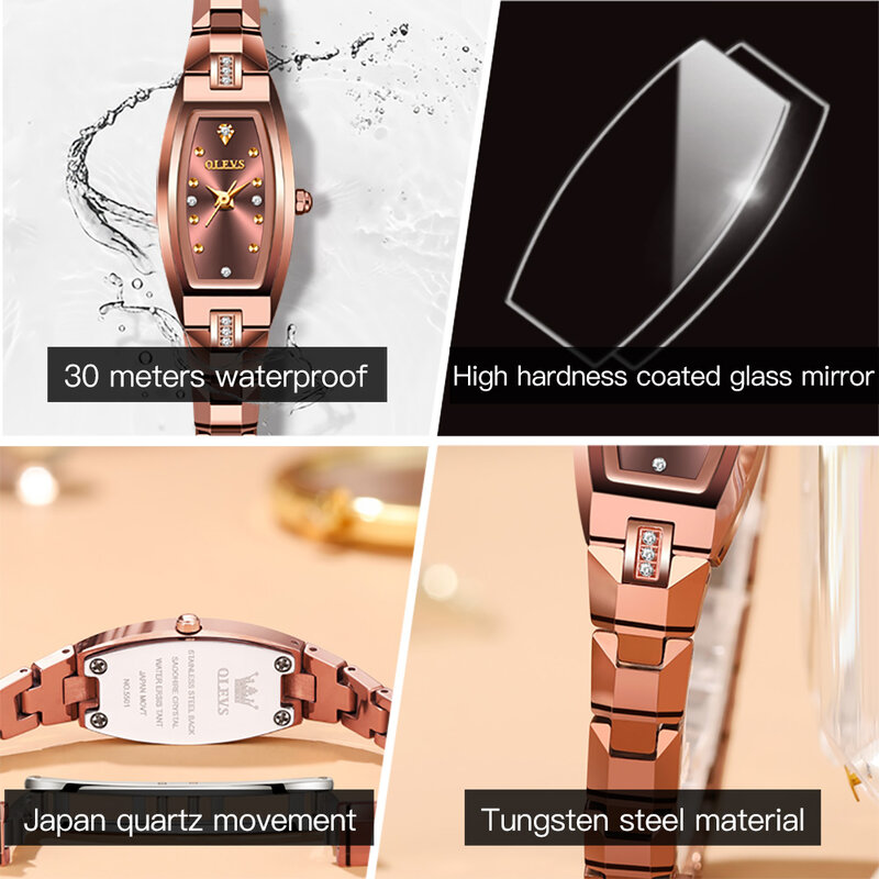OLEVS-reloj de cuarzo de acero de tungsteno para mujer, accesorio de marca de lujo, resistente al agua, relojes de pulsera de oro rosa, femenino