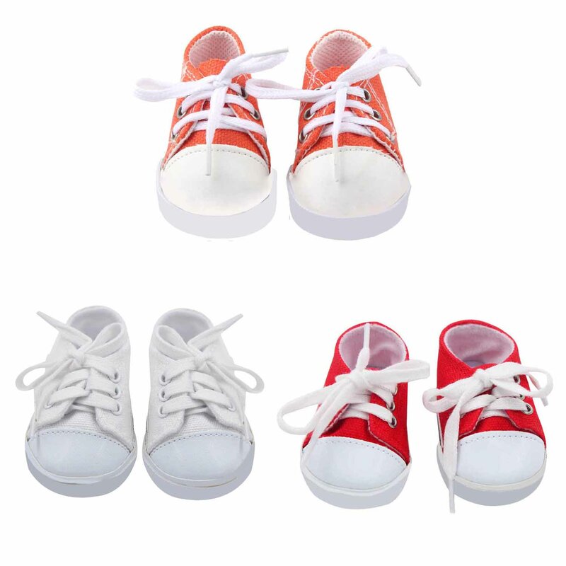 Tênis de lona fashion para bonecas bebê, para meninas e meninas de 18 polegadas, acessórios de boneca, cabeça redonda, sapatos de lona com cadarço
