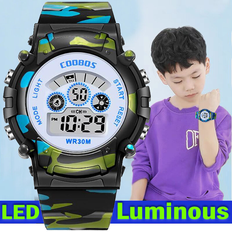 子供のためのミリタリースポーツデジタル時計,LEDアラームとカモフラージュを備えた防水時計,グリーンカラー
