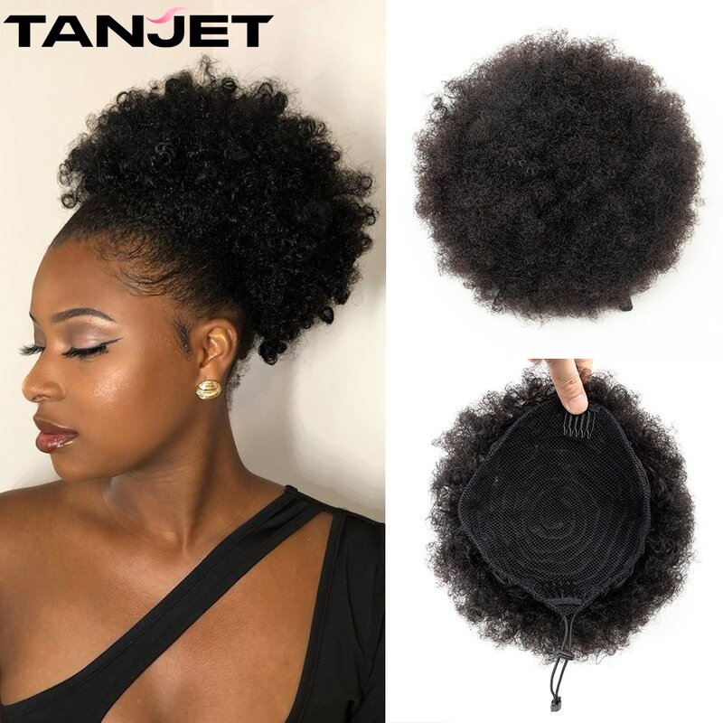 Tanjet 8Inch Afro Puff Ponytail Human Hair Bun Kinky Curly Drawstring Ponytail Brazilian HairExtensions Natural 6 Inch Chignon