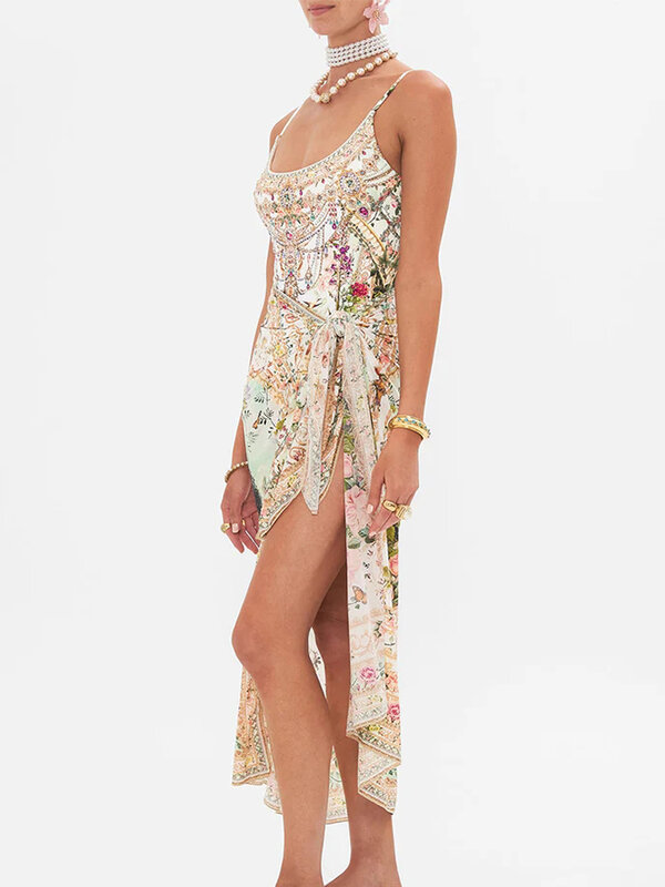 Bikini de lujo para mujer, traje de baño de una pieza con estampado de empalme de diamantes y flores de colores contrastantes, nuevo diseño para playa