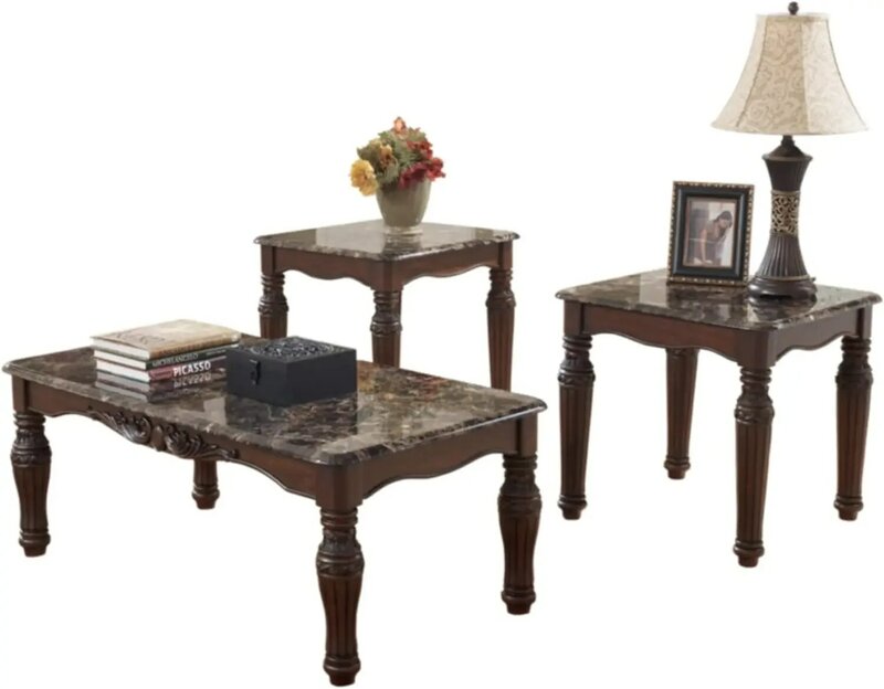 Design firmato di Ashley North Shore Set da tavolo tradizionale in finto marmo da 3 pezzi, include tavolino e 2 tavolini, Dark B