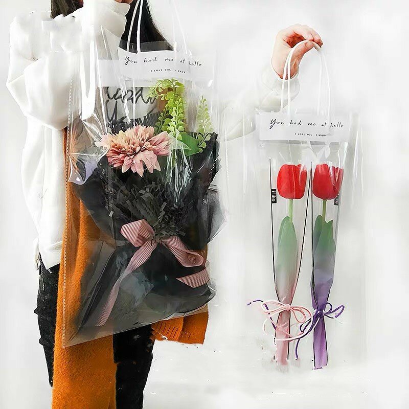 Прозрачная упаковочная Сумочка, высококачественные ПВХ пакеты для упаковки подарков в цветочек для флористов и магазинов, упаковочная сумка с ручками