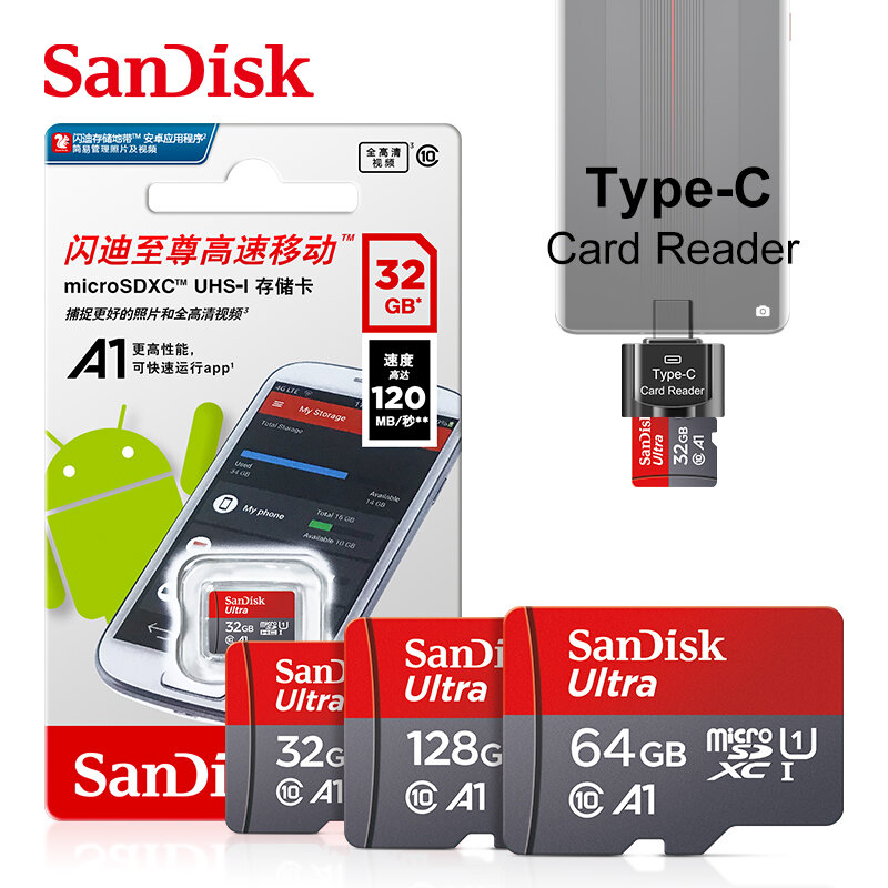 SanDisk-A1 Leitor de Cartão Micro SD, Tipo C Cartão de Memória Flash, 256GB, 128GB, 64GB, 32GB, 4K Ultra, 100 Mbps, Classe 10