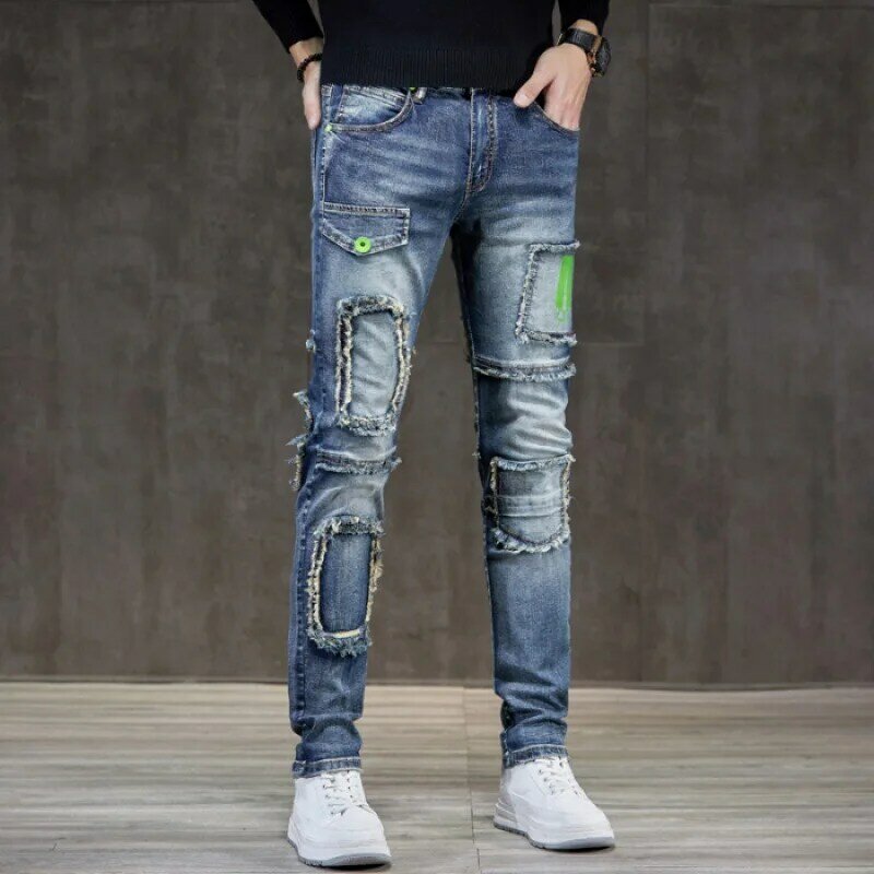 2024New American High Street Jeans Men's Locomotive Style Fashion Personality Slim Fit Patchwork Stitching Trousers