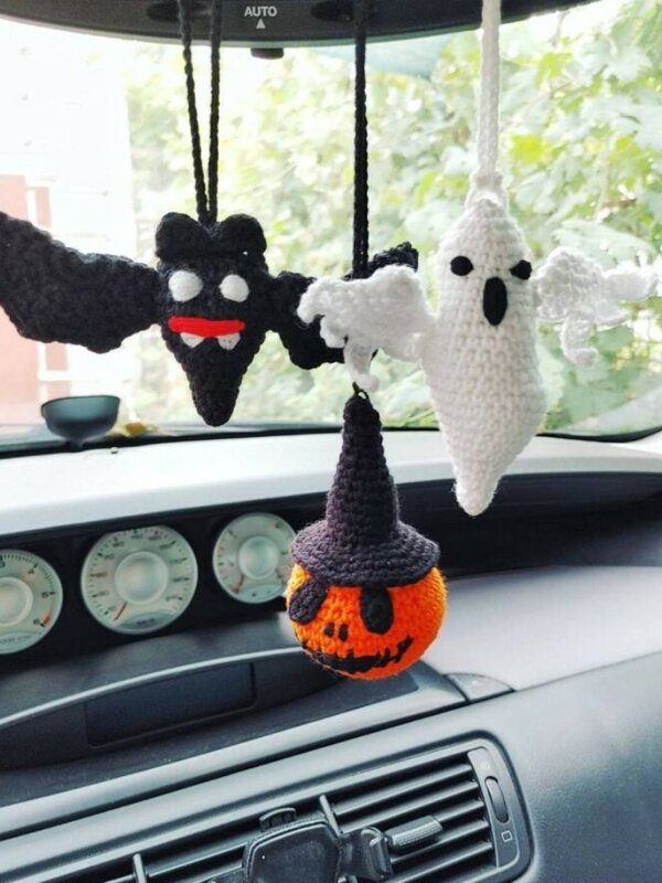 Handmade Car Pendurado Ornamento para Crianças, Thanksgiving Acessórios Do Carro, Bat Crochet, Chapéu De Abóbora, Presente, Decoração Pingente