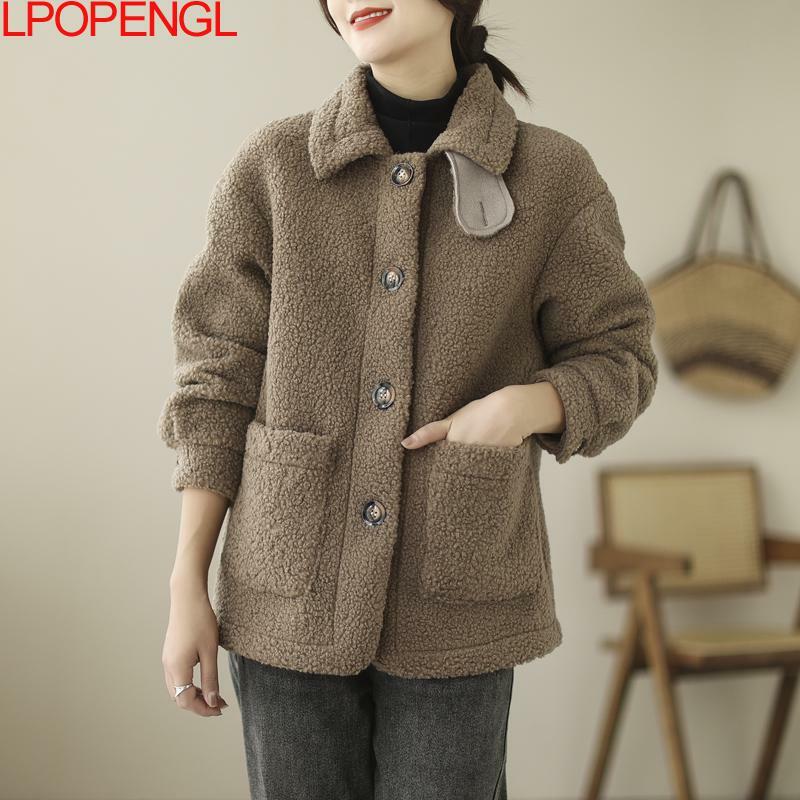 Jaket lengan panjang wanita, mantel katun temperamen, jaket wol domba tebal, pinggang lebar, warna Solid, lengan panjang 2023