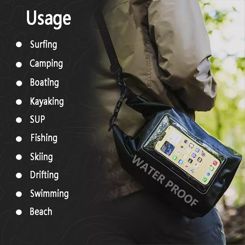 Impermeável Touch Screen Bags, Seco Bag para Trekking, Deriva, Rafting, Surf, Caiaque, Esportes ao ar livre, Camping Equipment, 2L