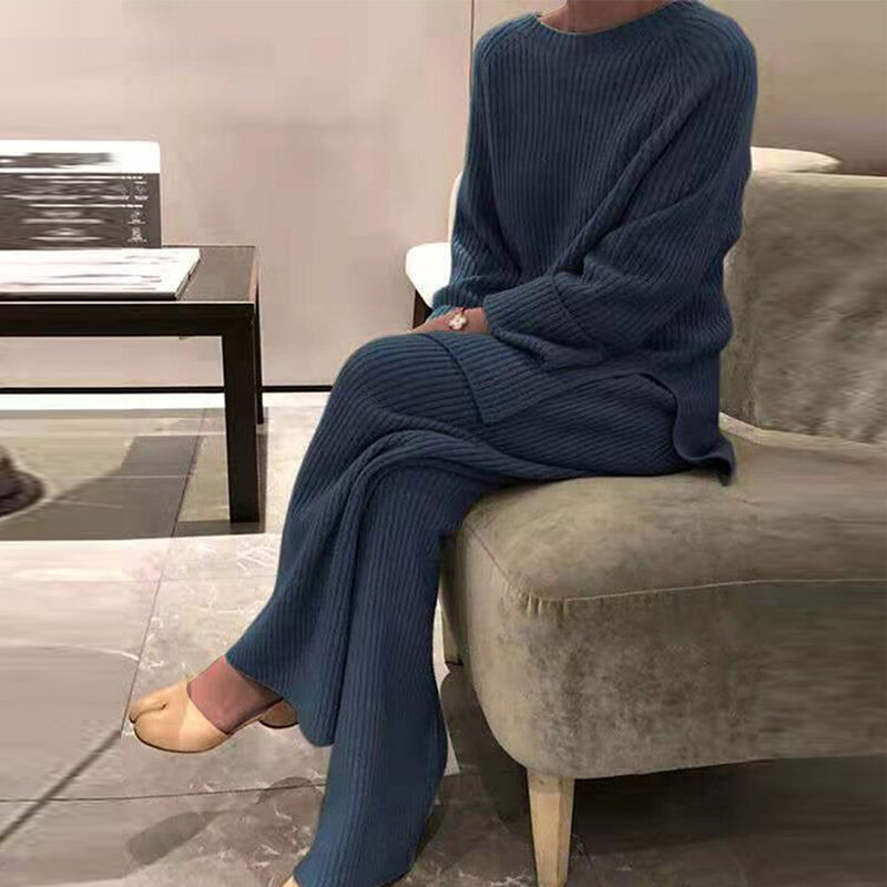Wefads feminino conjuntos de duas peças outono casual em torno do pescoço manga longa malha sólida fenda topo solto pernas largas calças define alta streetwear