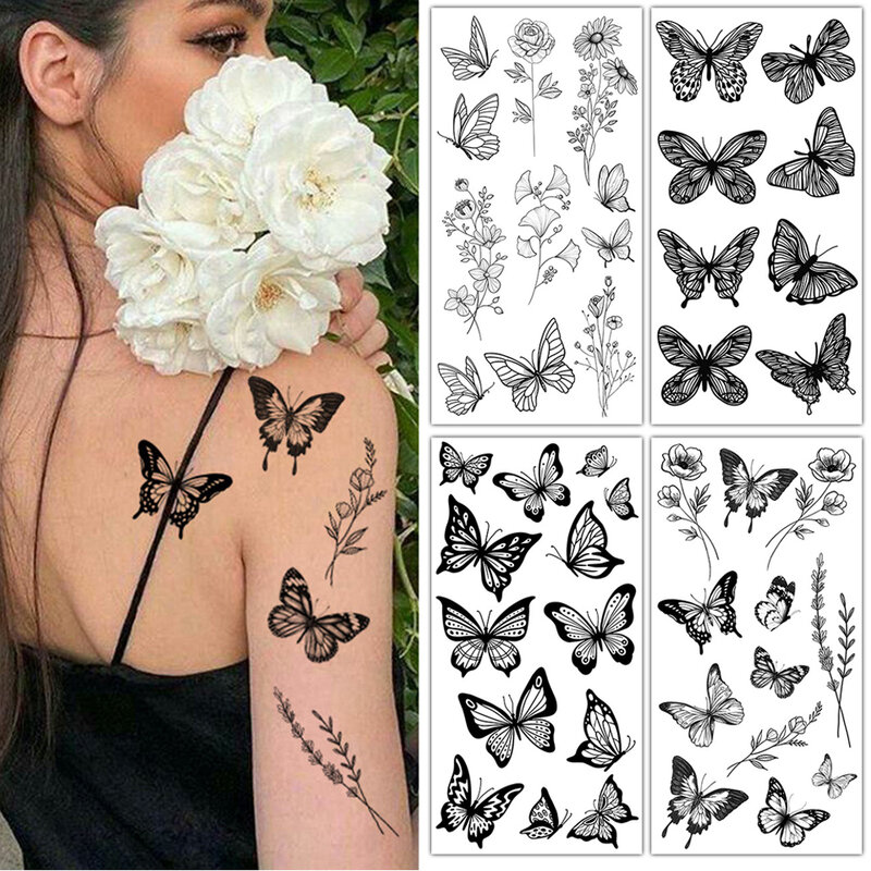 Временные татуировки для женщин и мужчин, наклейки с искусственными растениями, черные цветы, бабочки, 1 лист