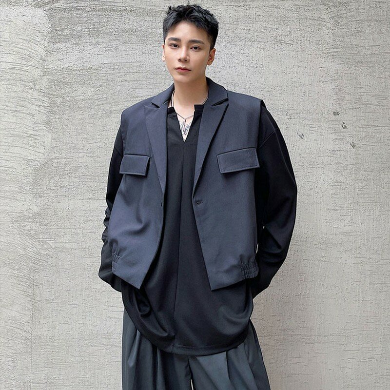 Jaket tanpa lengan pria, Kpop mantel pendek kerah tanpa lengan kancing tunggal Tank Top gaya Korea ukuran besar pakaian Hip Hop pria