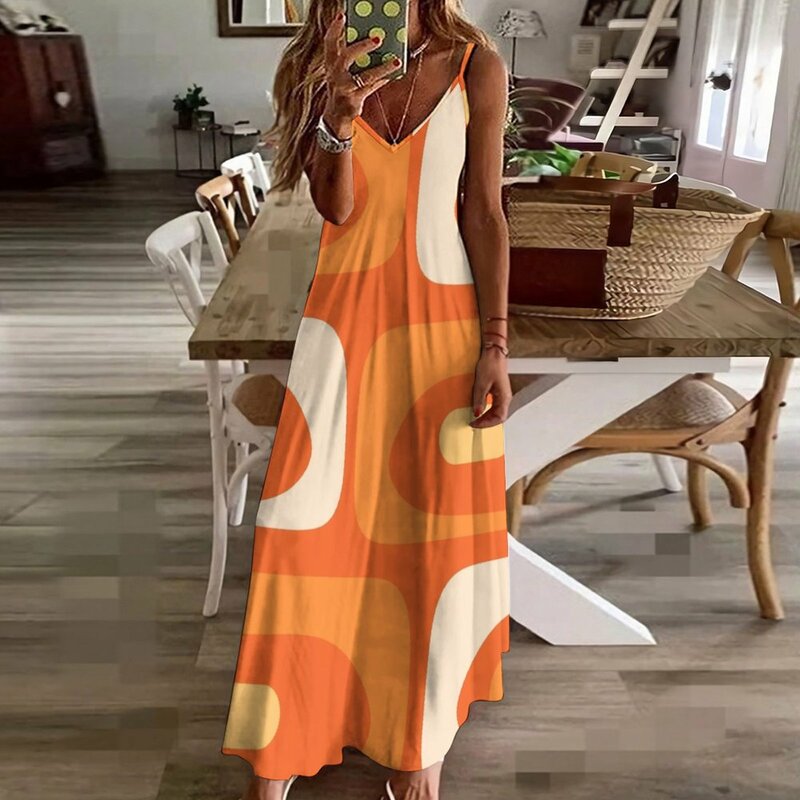 Vestido de playa de piqué moderno de mediados de siglo, patrón abstracto, naranja, mandarina, amarillo, crema, sin mangas, vestido de hada