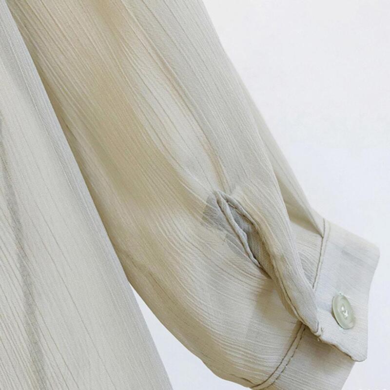 Солнцезащитная шифоновая рубашка женская тонкая Пляжная накидка с длинными рукавами с защитой от УФ-лучей однотонная свободная Мягкая Повседневная Весенняя накидка с отворотом для солнца