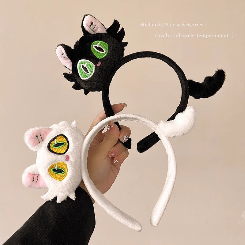 Estilo kawaii pelúcia gato headband para mulheres e meninas, bonito headband com design dos desenhos animados, preto e branco, acessórios do presente, novo