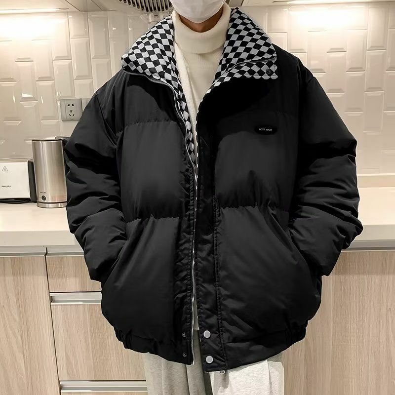 Męska wyściełana bawełną kurtka puchowa w koreańskim stylu na zimę gruby codzienny luźny płaszcz puchowy w kratę dla męskich podwójnych kurtka pikowana
