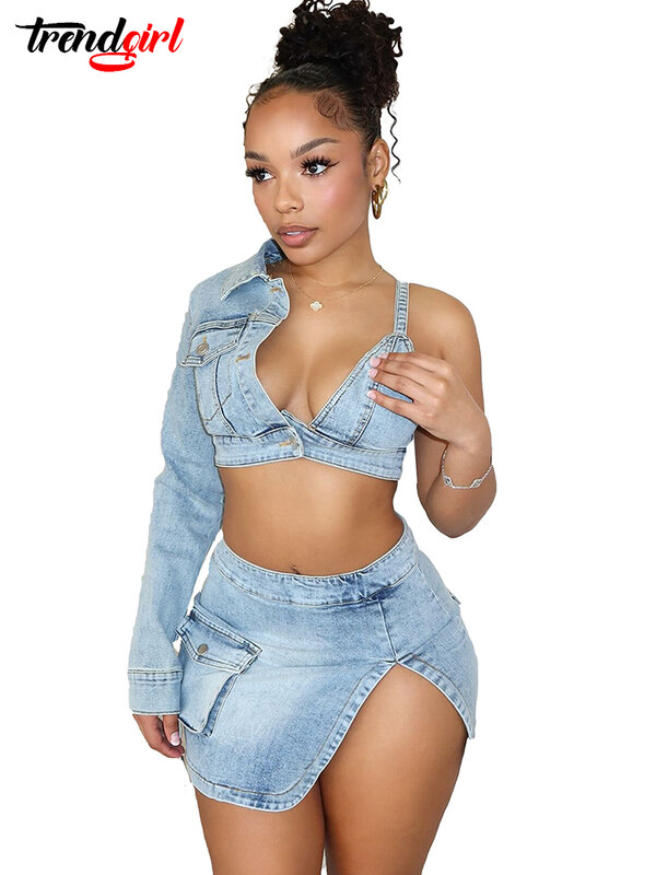 Trendgirl Denim Irregular Backless Strips Long Sleeve Lapel Crop Top and Mini Skirts Two 2 Piece Sets Women Stretch Jean Outfits