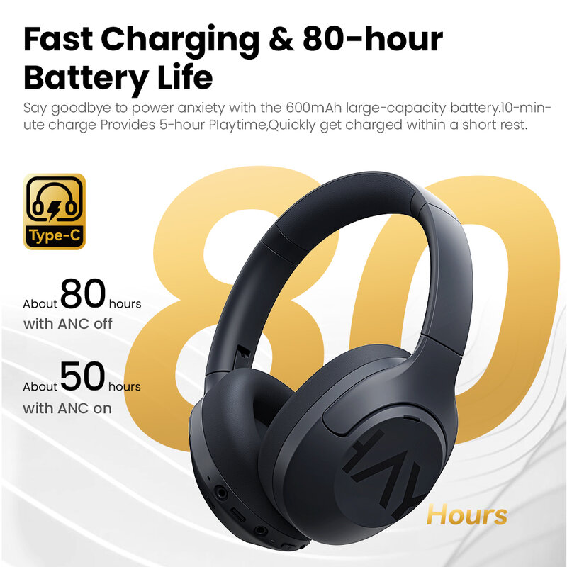 HAYLOU S30 Fones de ouvido sem fio com Bluetooth 5.4 Fones de ouvido com cancelamento de ruído adaptável de 43 dB e driver de 40 mm Fones de ouvido com 80 horas de reprodução