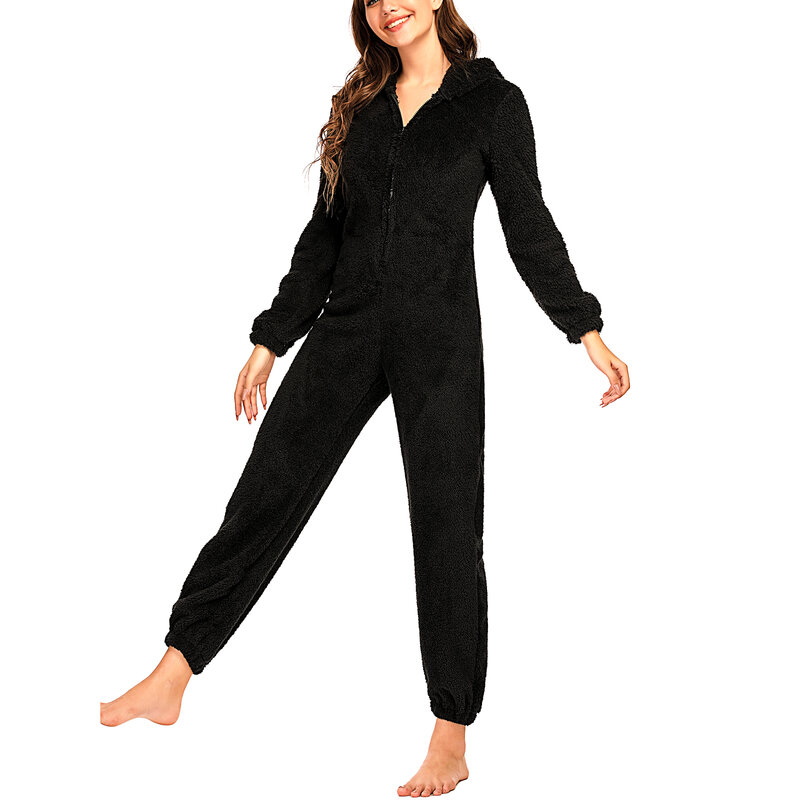 Barboteuse Sherpa à capuche pour femme, pyjama sourire, combinaison zippée, vêtements de nuit en peluche, combishort mignon, grande taille