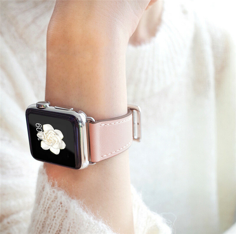 นาฬิกาหนังสำหรับ Apple Watch 5 6 7 8 9 40มม. 44มม. 41มม. 45มม. สายรัดข้อมือสีชมพูสำหรับ iWatch 3 38มม. ผู้หญิง
