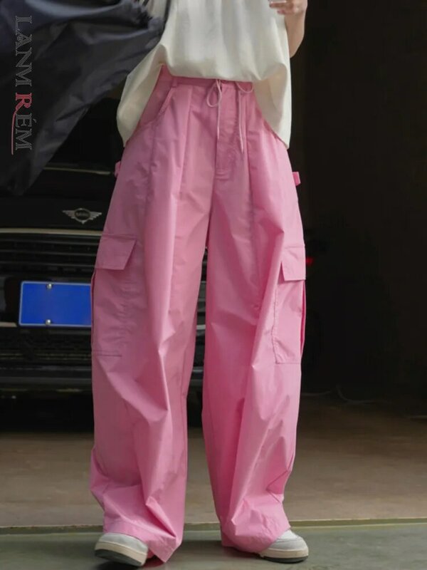 [Lanmrem] High Taille Nylon Hose mit weitem Bein für Frauen Kordel zug Design lose Streetwear Modehose 2024 Sommer neu 26 d8765