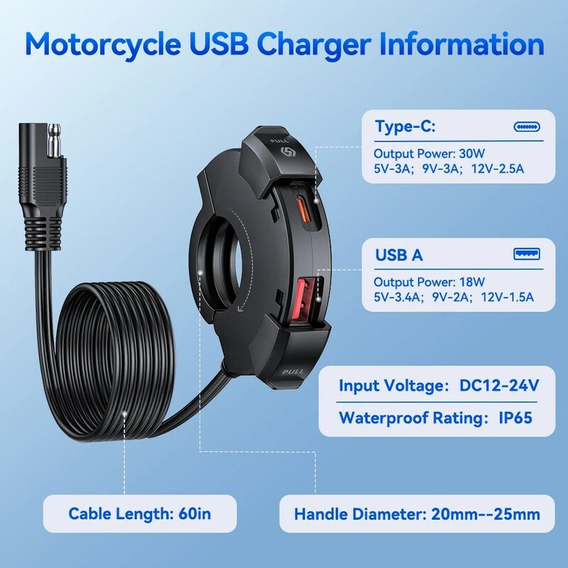Anchtek Universal Motorcycle USB Charger 48W QC3.0 PD Power Adapter Waterproof Handlebar Mounted Bracket Camera Phone Charger