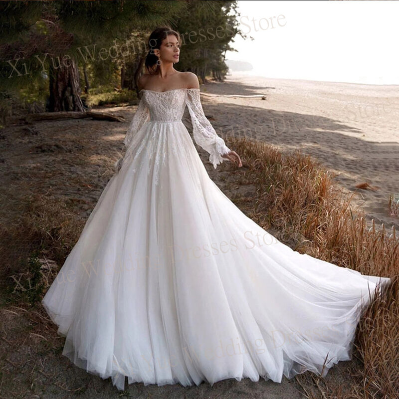 Gaun pengantin A-Line jantung anggun gaun pengantin renda baru gaun pengantin punggung terbuka bahu terbuka gaun pengantin lengan panjang Vestido De Novia