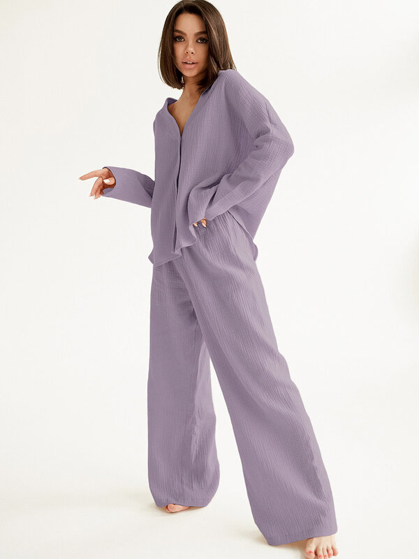 Пижама Linad из чистого хлопка цвета хаки с V-образным вырезом, однобортные Брюки с широкими штанинами, брюки, комплект из двух предметов, женская одежда для отдыха