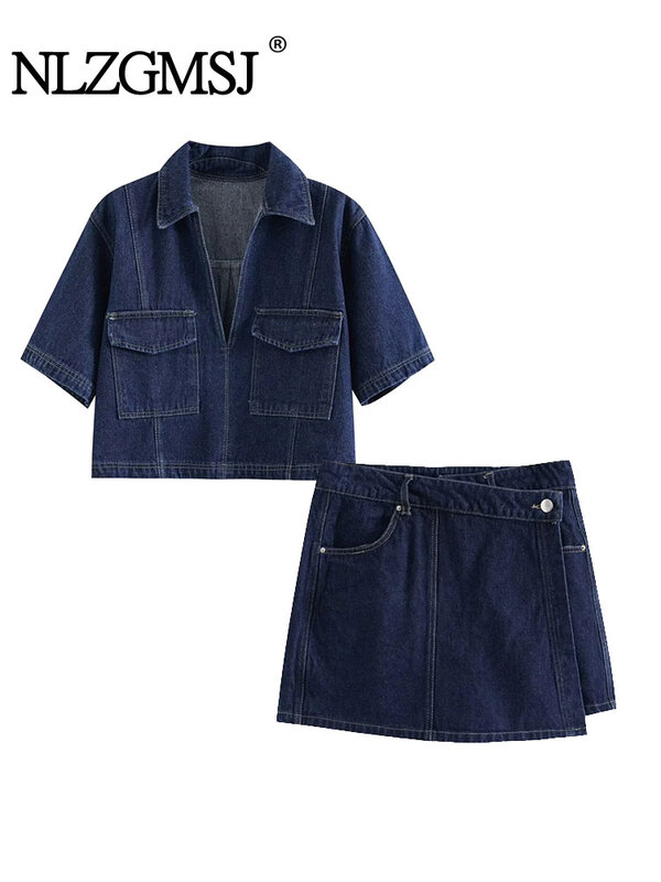 TRAF 2024 Women's Fashion Flip Pocket Decoration Short Flip Collar Slim fit denim Top + Asymmetric Denim Skirt 2 Piece Set