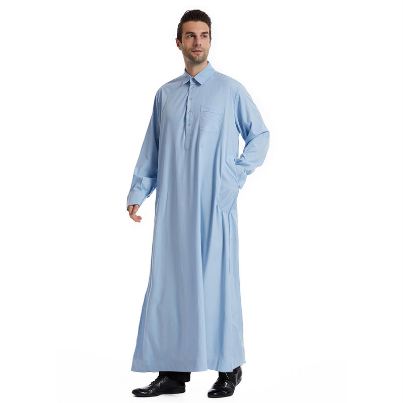 Bata árabe con cuello para hombre, maxivestido informal con bolsillo, ropa islámica musulmana, Ramadán, Jubba, Thobe, Dubai, Turquía, Abaya