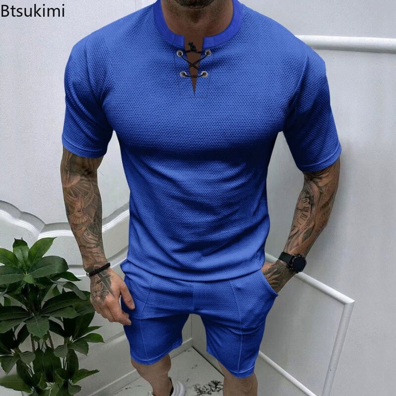 Summer Men's Casual Sport Sets Fashion New Waffle Drawstring O-neck Short Sleeve Pullover Shorts 2 Piece Set 2024 Men Tracksuits