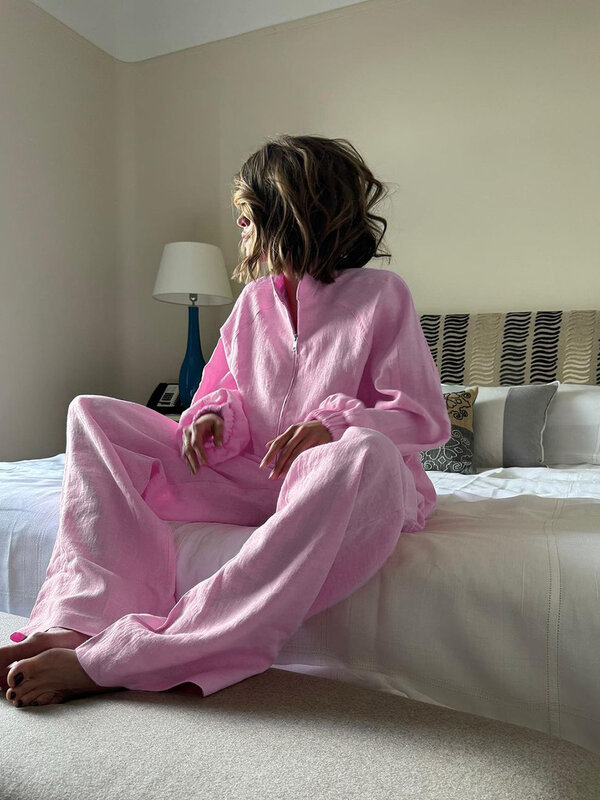 Marthaqiqi Roze Losse Dames Nachtkleding 2-delige Pak Sexy O-hals Nachtkleding Lange Mouw Nachthemden Broek Casual Dames Pyjama Set