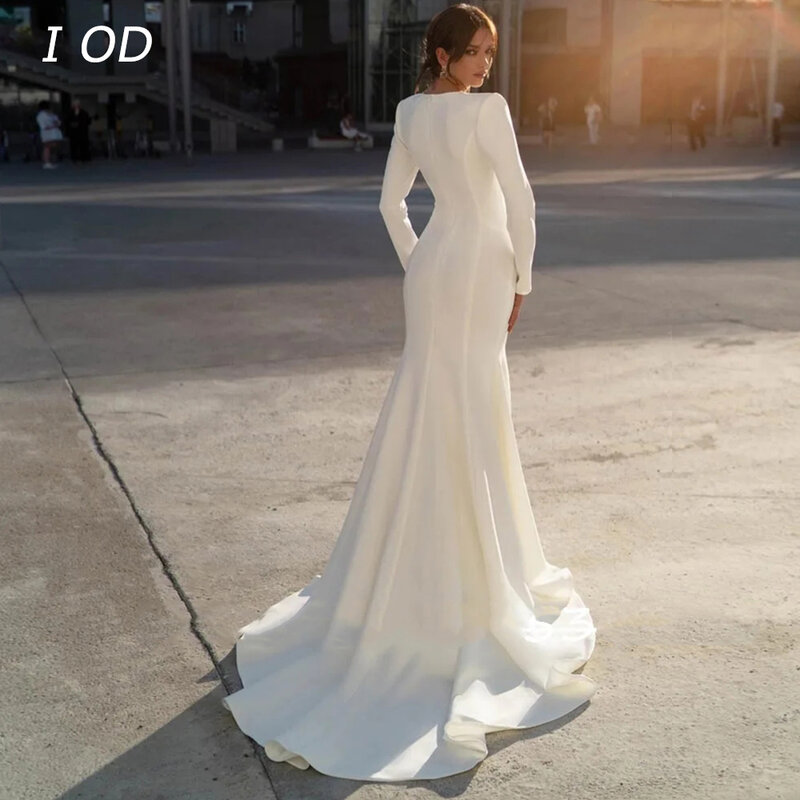 I OD gaun pernikahan wanita payet kerah V, gaun pel lantai baju pernikahan sudut kanan lengan panjang payet mutiara