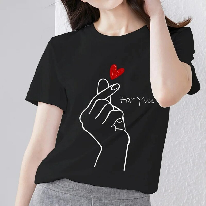 Camiseta feminina estampada de manga curta, blusa com gola redonda, roupa solta, moda, festa familiar, novo, 2024