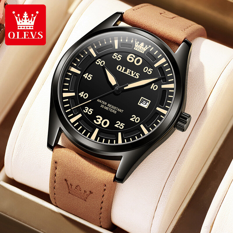 OLEVS-reloj deportivo de cuarzo para hombre, cronógrafo con correa de cuero, resistente al agua, luminoso, con calendario, de lujo, a la moda