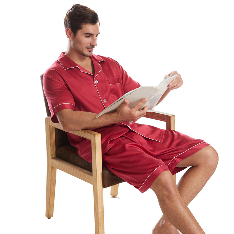 เซ็ตชุดนอนผ้าไหมเทียมสำหรับผู้ชาย, ชุดนอนผ้าซาตินสีพื้นสำหรับผู้หญิงชุดนอนลำลอง1เซ็ต/ล็อต