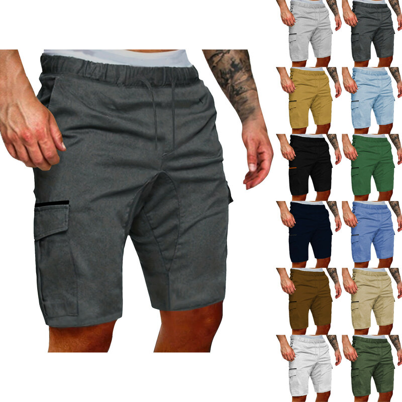 Celana pendek pria, gaya kargo musim panas kasual luar ruangan kasual Solid saku overall olahraga celana pendek pinggang elastis lurus