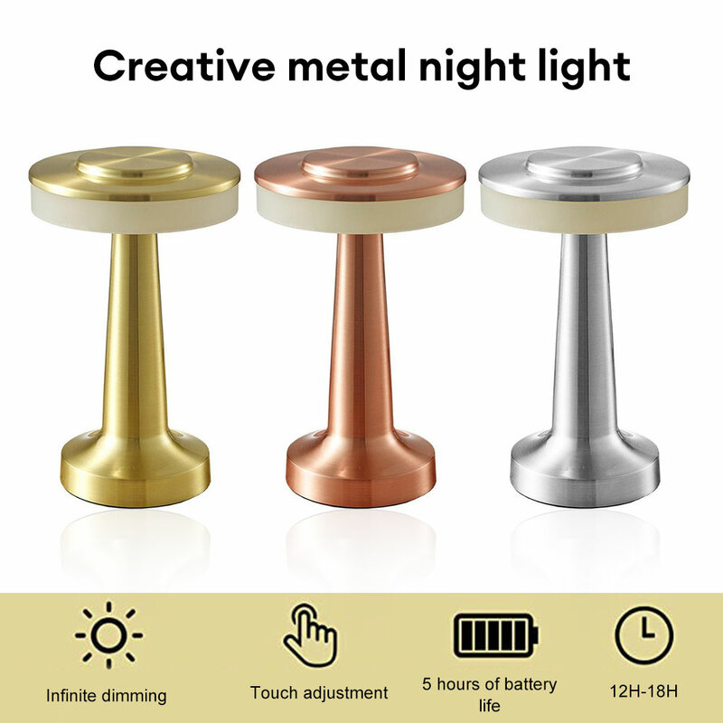 Lampu meja LED Retro, lampu Sensor sentuh gaya logam sederhana dengan Dekorasi 3 level dapat diisi ulang