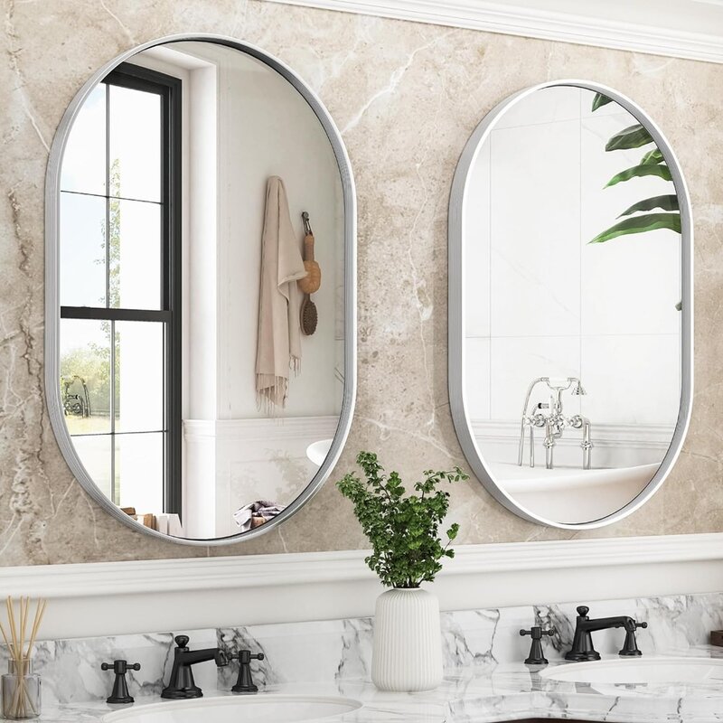 Зеркало для ванной овальное, зеркало серебристое овальное в металлической оправе, 22 х30 дюймов