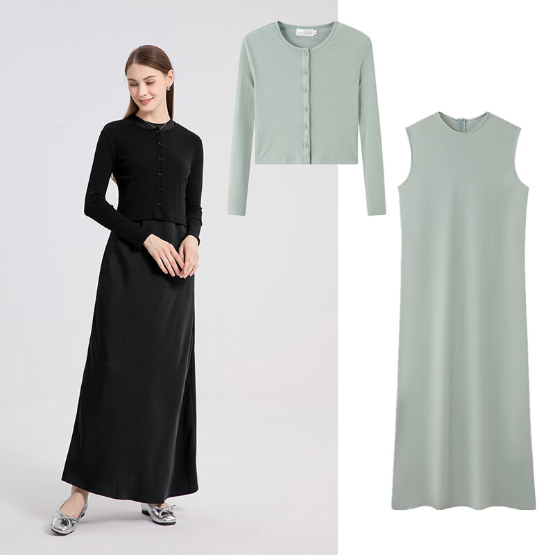 Maxi conjuntos combinando para mulheres, tops de cintura alta, roupas fechadas, um pouco pequenas, vestido de cetim fosco, AS, 2024